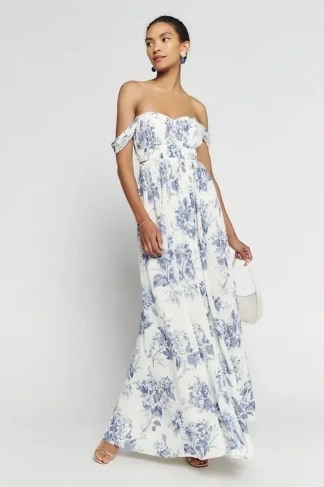 Reformation Jayde Sweetheart Maxi Dress Lupine Blue White Floral Pleated Size 8